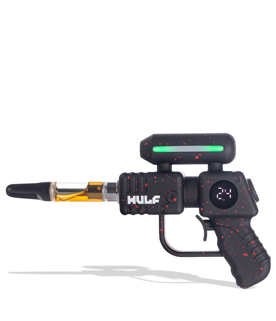 Black Red Spatter Wulf Mods Zapp Variable Voltage Battery with cartridge on white background