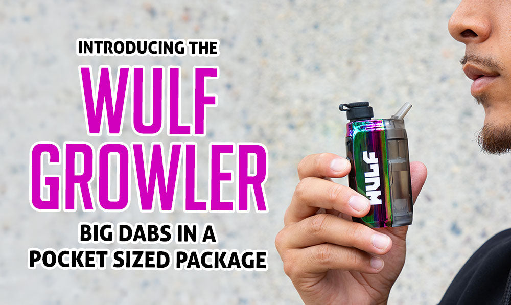 Man smoking Wulf Growler dab rig with headline text on left