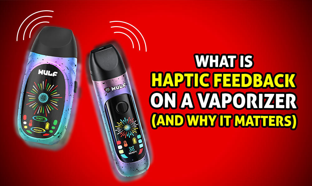 Wulf Budr and Wulf Faze Vaporizers vibrating on red and black background with text
