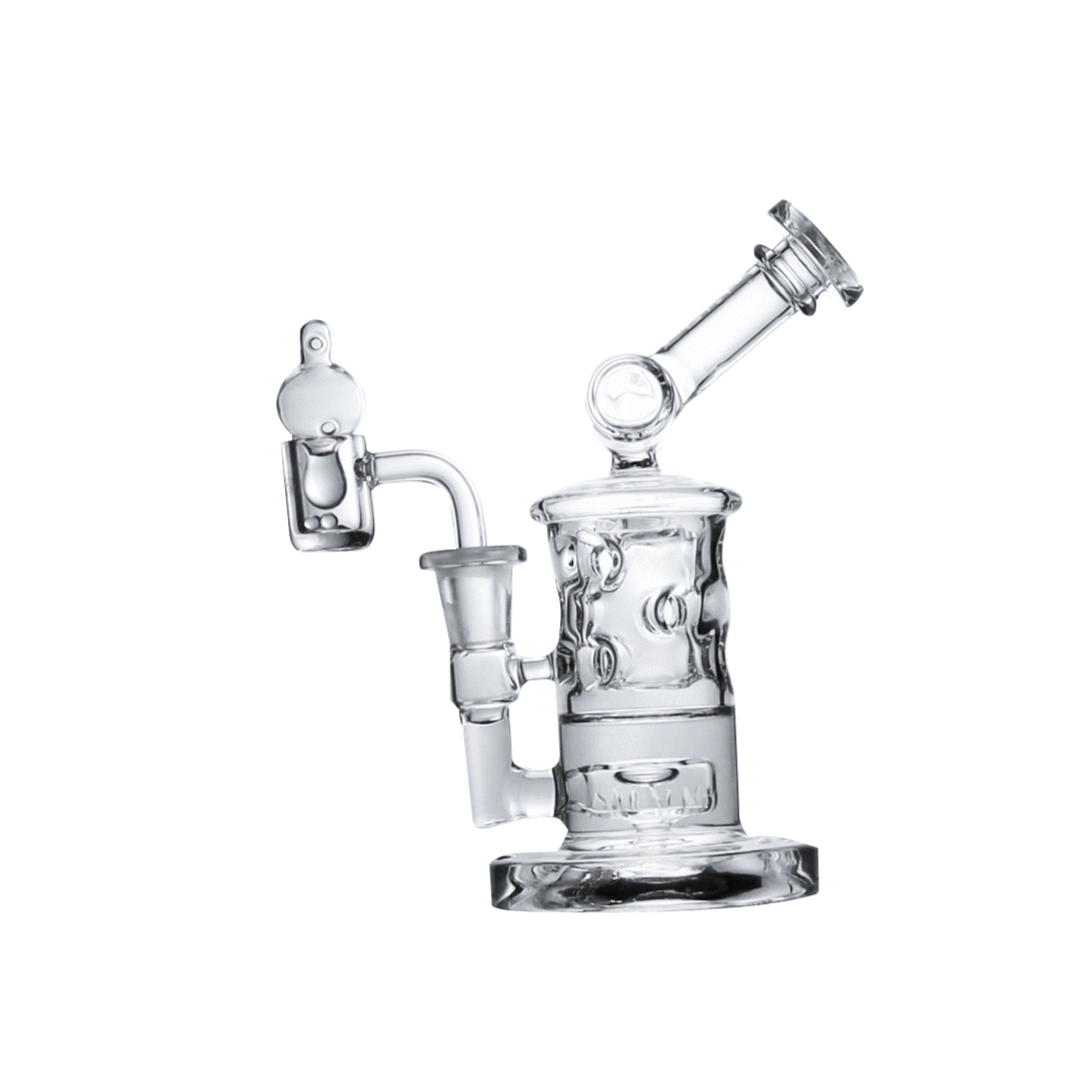 Wulf Mods Tyde 14mm Dab Rig with Quartz Banger Bubbling on White Background