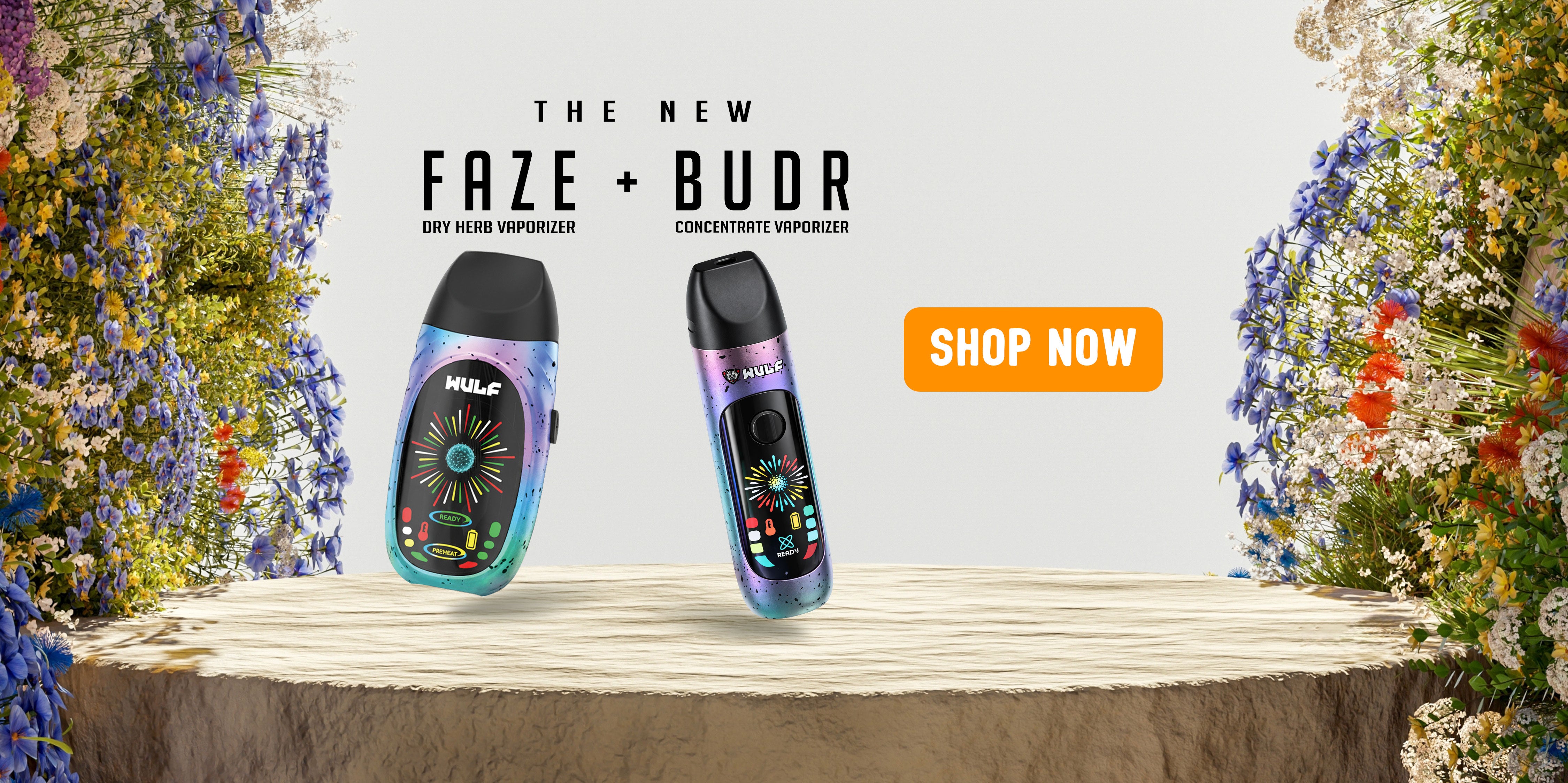 Two vape devices on a wooden surface with flowers in the background and 'Shop Now' button.