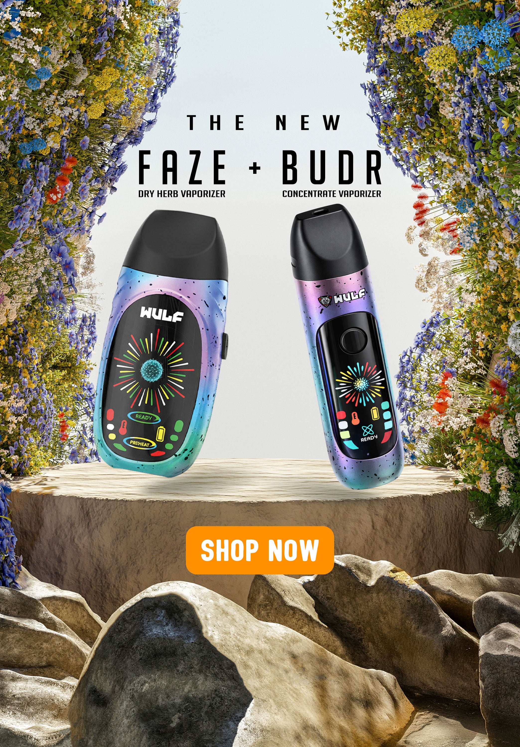 Wulf Faze and Wulf Budr vape devices on a wooden surface with flowers in the background and 'Shop Now' button.