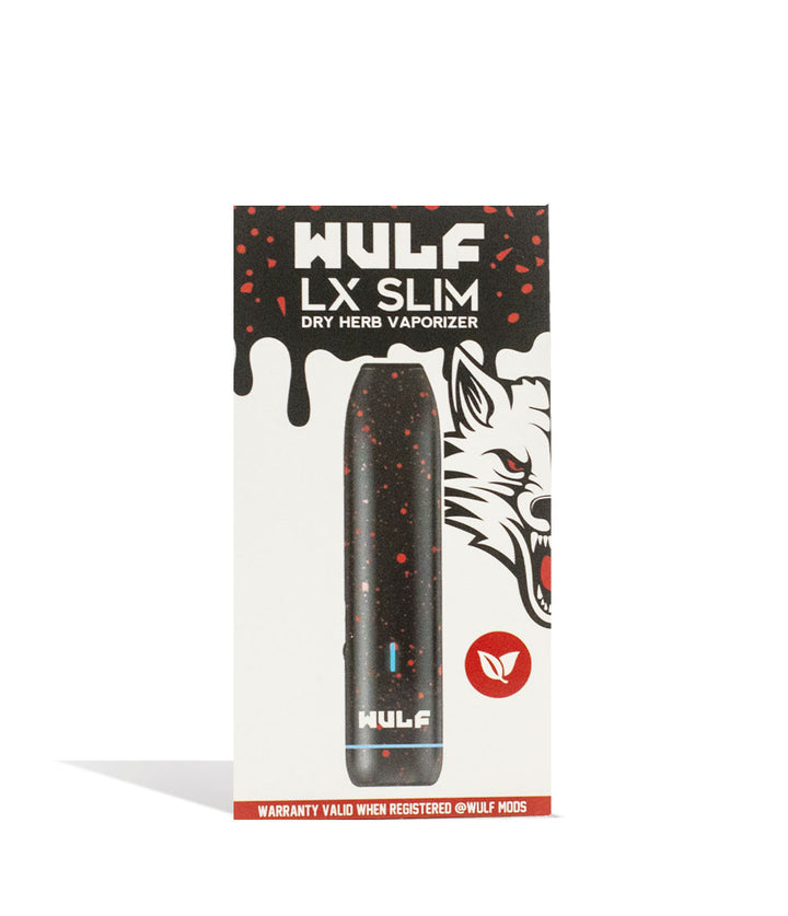 Black Red Spatter packaging Wulf Mods LX Slim Portable Dry Herb Vaporizer on white background