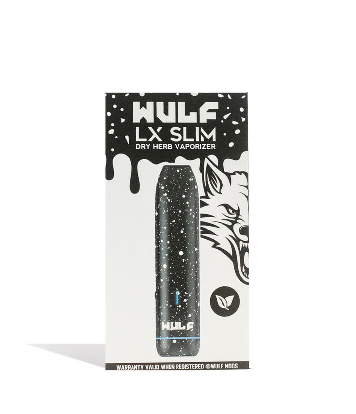 Black White Spatter packaging Wulf Mods LX Slim Portable Dry Herb Vaporizer on white background