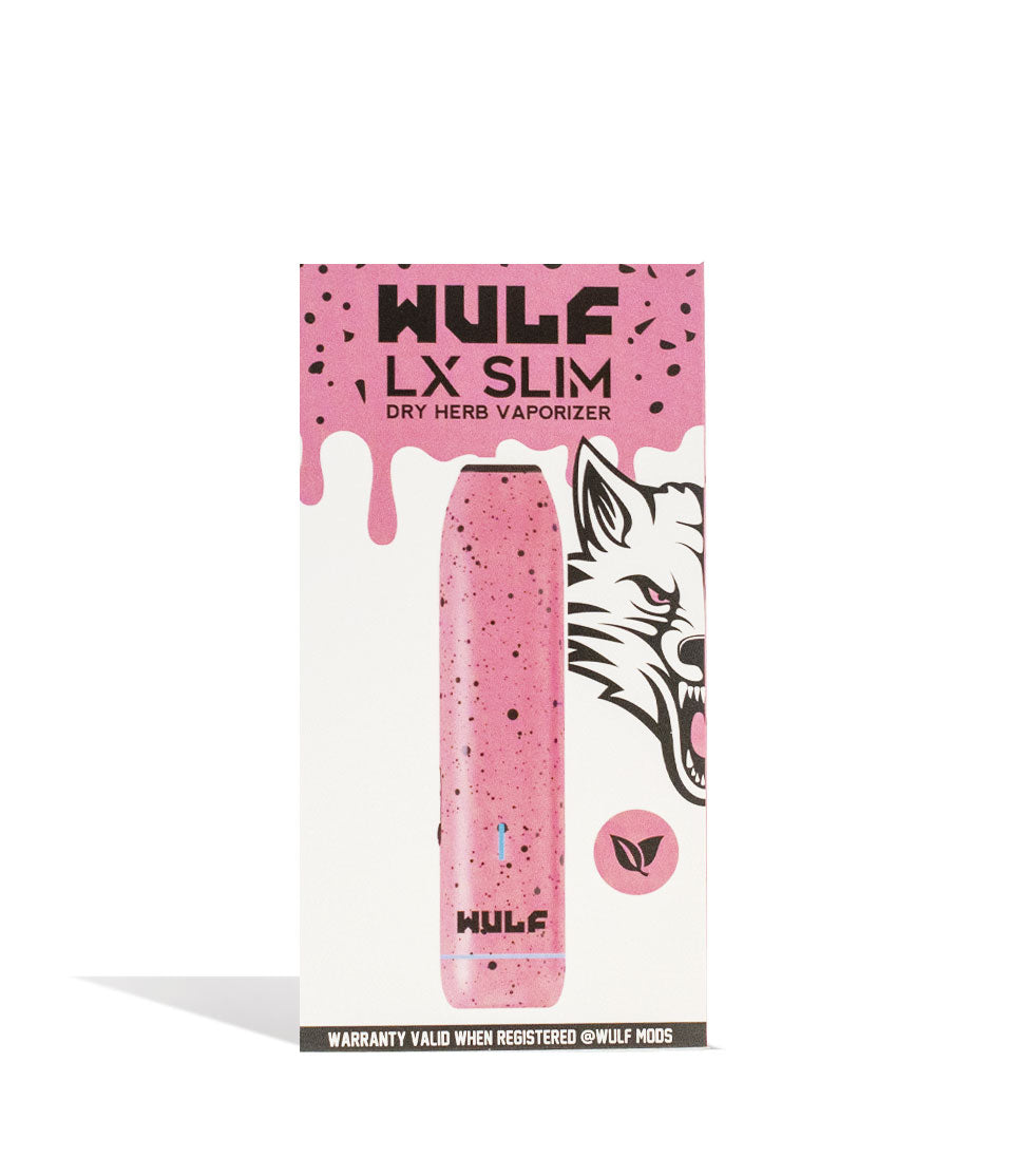 Pink Black Spatter packaging Wulf Mods LX Slim Portable Dry Herb Vaporizer on white background