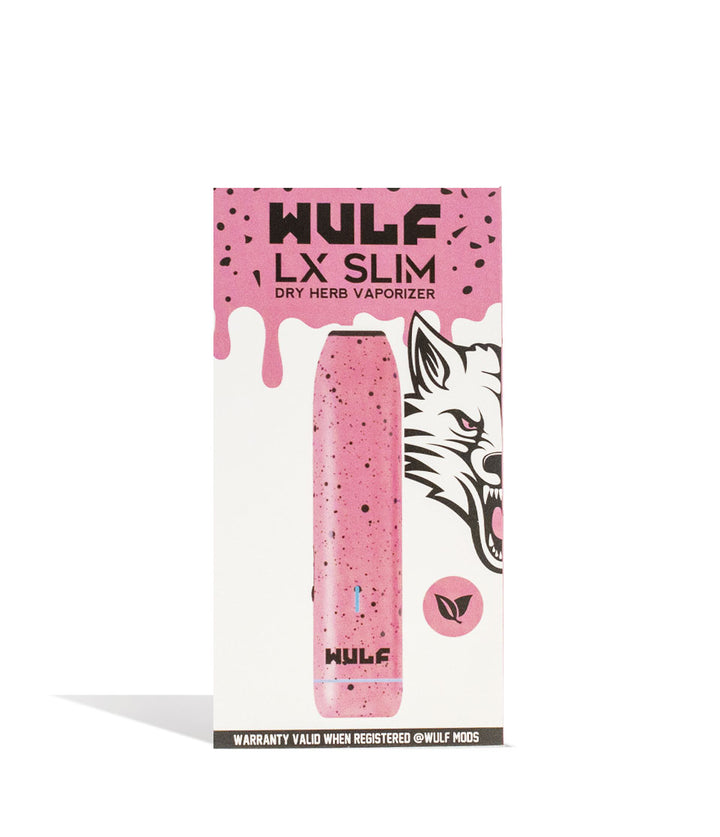 Pink Black Spatter packaging Wulf Mods LX Slim Portable Dry Herb Vaporizer on white background