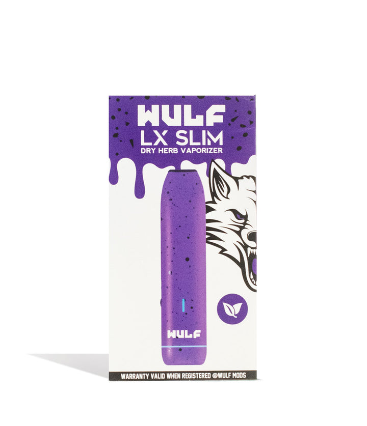Purple Black Spatter packaging Wulf Mods LX Slim Portable Dry Herb Vaporizer on white background