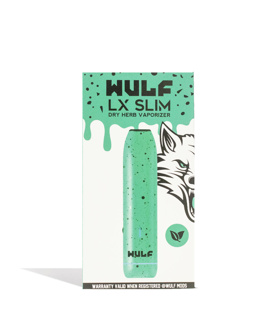 Teal Black Spatter packaging Wulf Mods LX Slim Portable Dry Herb Vaporizer on white background