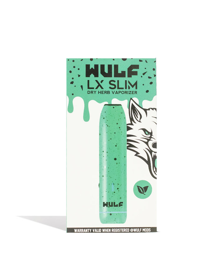 Teal Black Spatter packaging Wulf Mods LX Slim Portable Dry Herb Vaporizer on white background