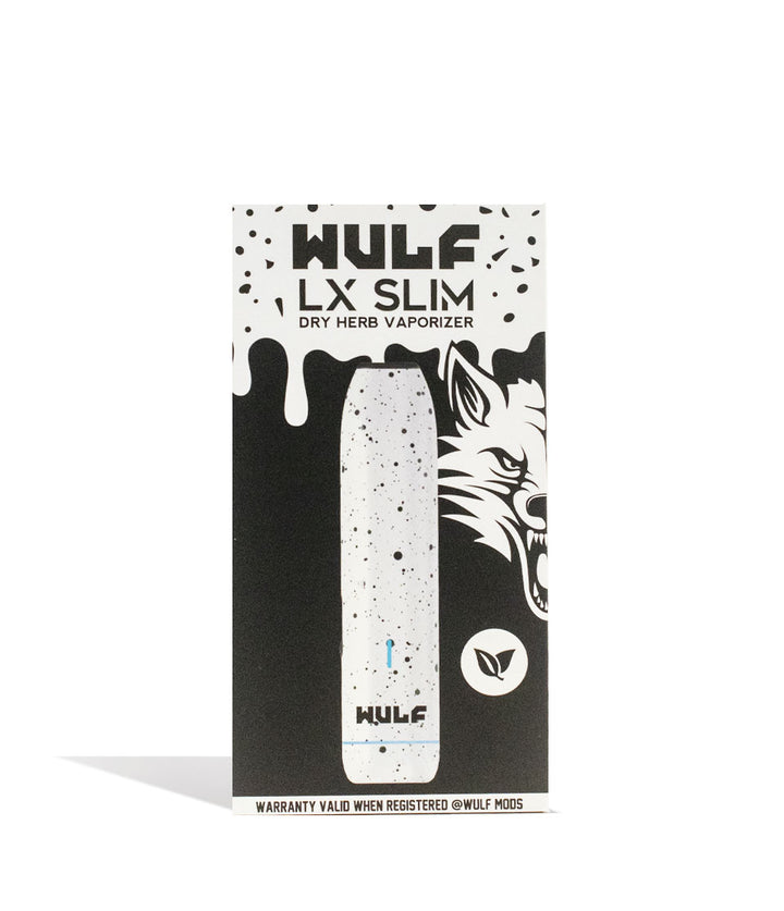 White Black Spatter packaging Wulf Mods LX Slim Portable Dry Herb Vaporizer on white background