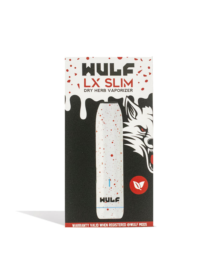 White Red Spatter packaging Wulf Mods LX Slim Portable Dry Herb Vaporizer on white background