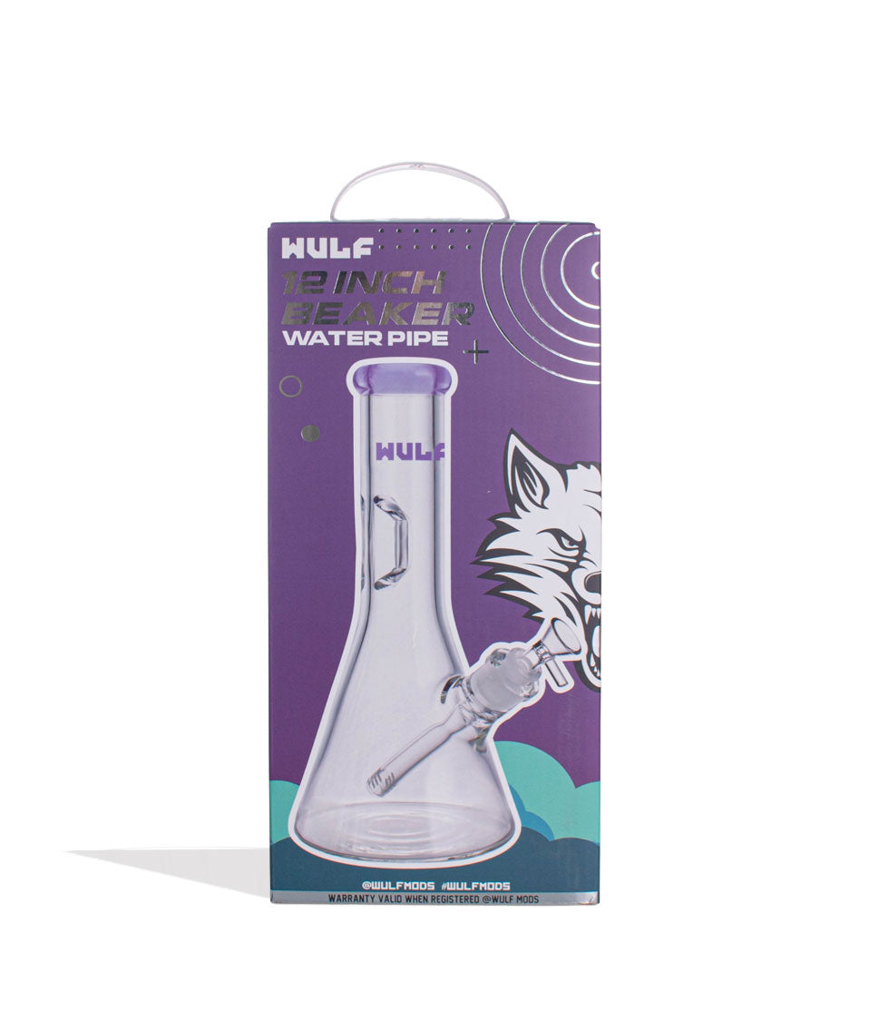 Purple Wulf Mods 7mm 12inch Beaker Water Pipe Packaging Back View on White Background