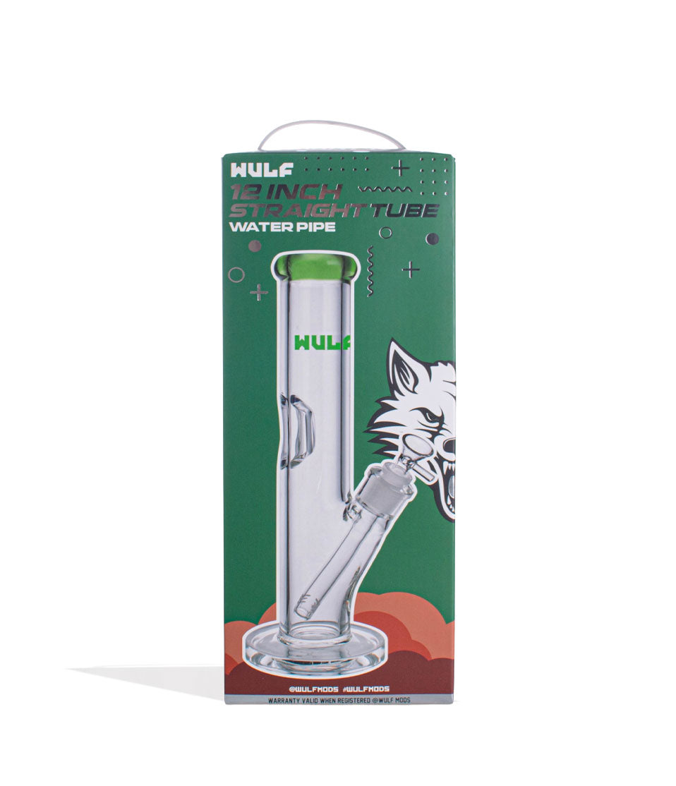 Green Wulf Mods 7mm 12inch Straight Water Pipe Packaging Front View on White Background