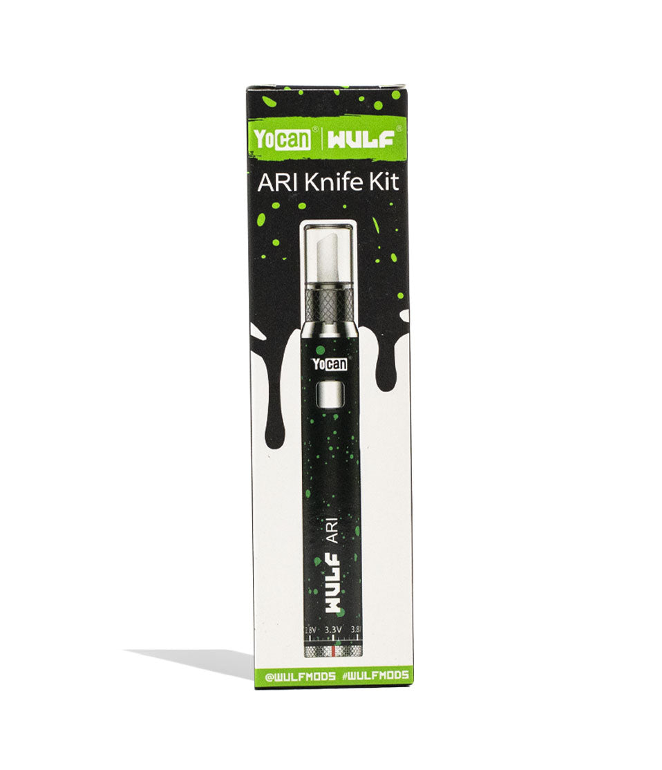 Black Green Spatter Wulf Mods ARI Hot Knife Packaging Front View on White Background