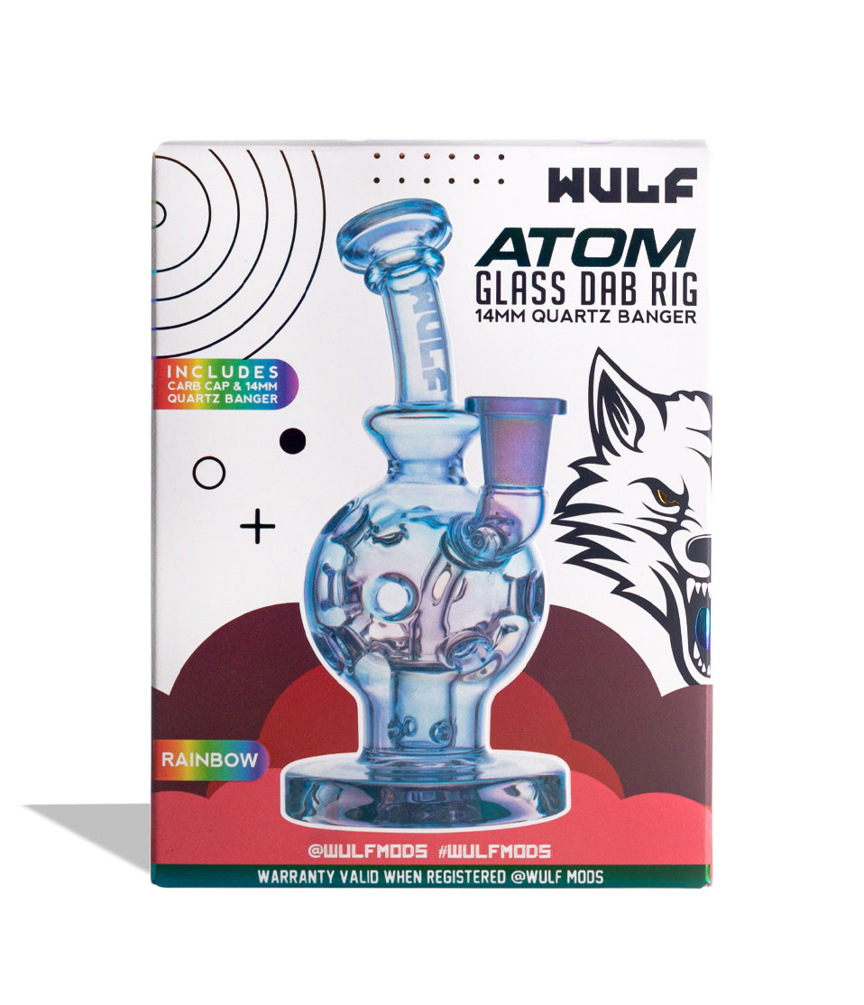 Full Color Wulf Mods Atom 14mm Dab Rig with Quartz Banger Packaging Front View on White Background