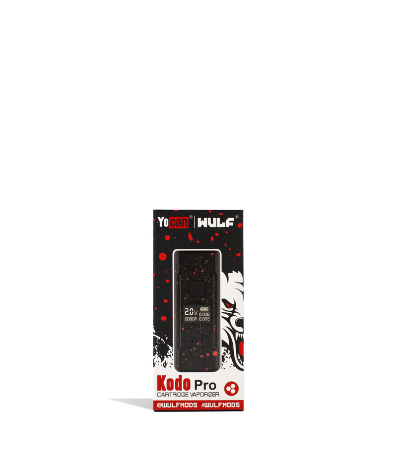 Black Red Spatter Wulf Mods KODO Pro Cartridge Vaporizer Packaging Front View on White Background