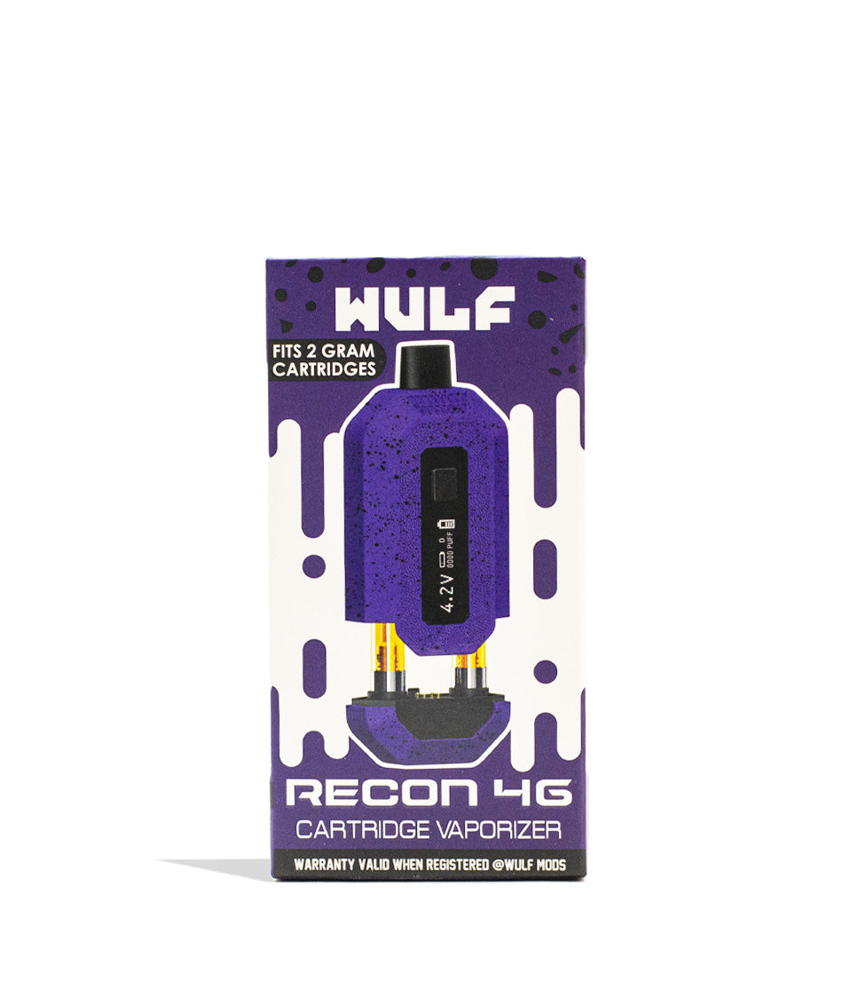 Purple Black Spatter Wulf Mods Recon 4g Dual Cartridge Vaporizer Packaging Front View on White Background