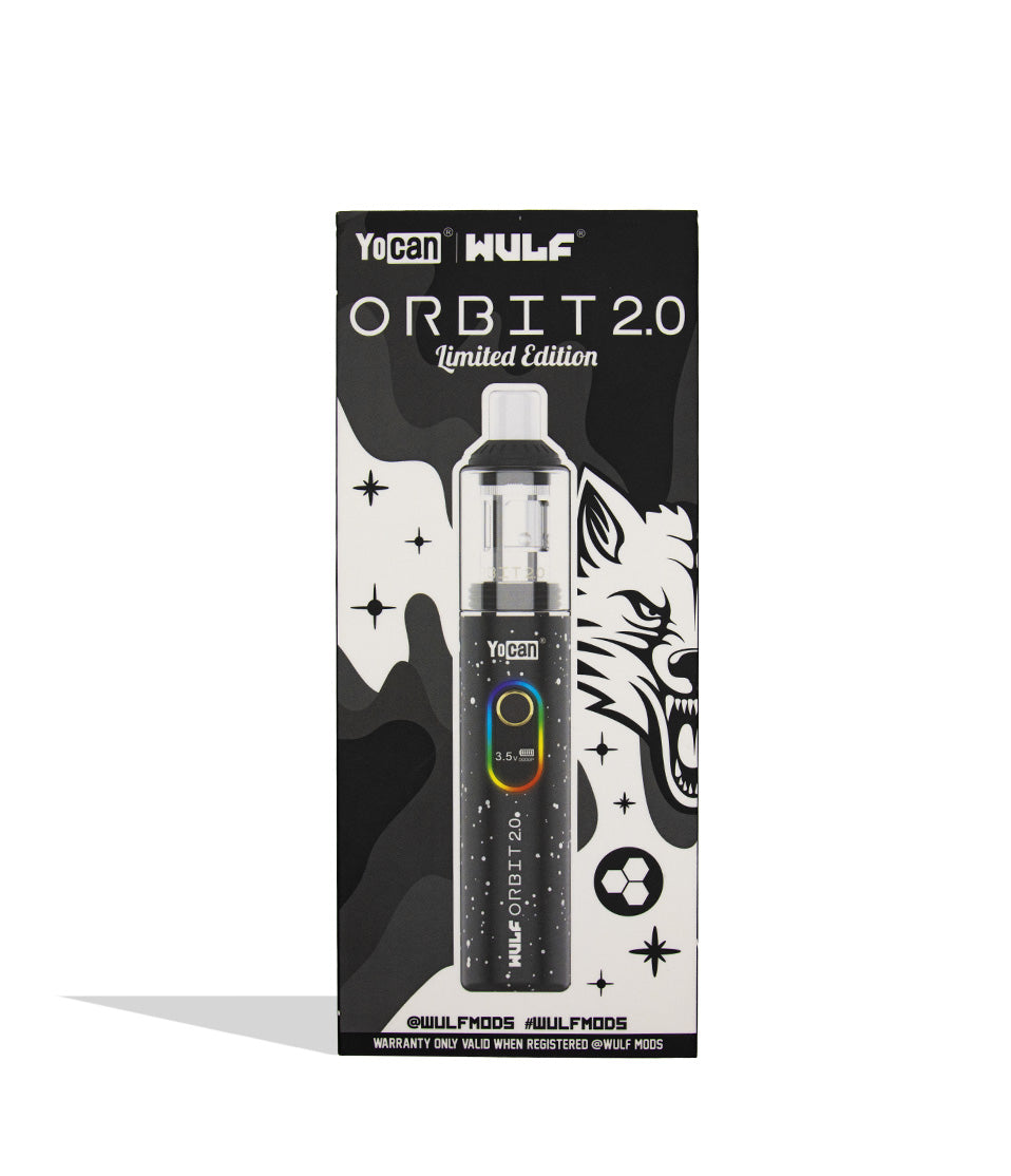 box front Wulf Mods Orbit 2.0 in black white spatter color on white background