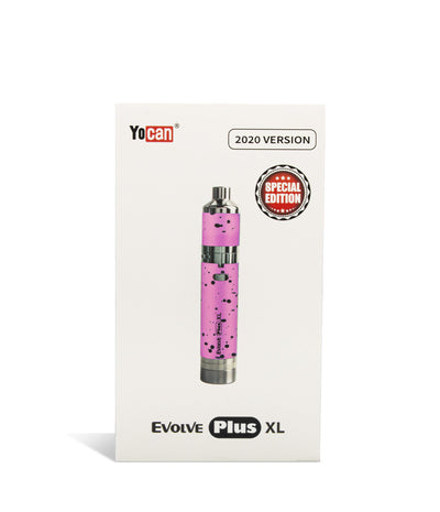 Pink Black Spatter Wulf Mods Evolve Plus XL Concentrate Vaporizer Packaging Front View on White Background