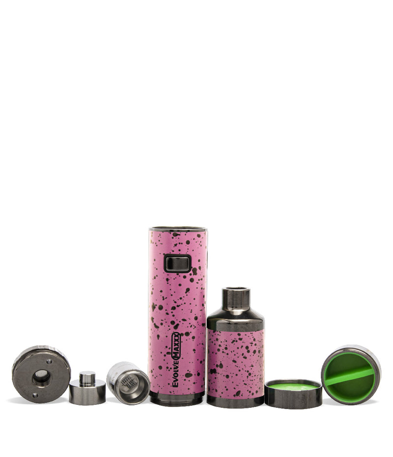 Pink Black Spatter Wulf Mods Evolve Maxxx 3 in 1 Kit Wax Pen Apart View on White Background