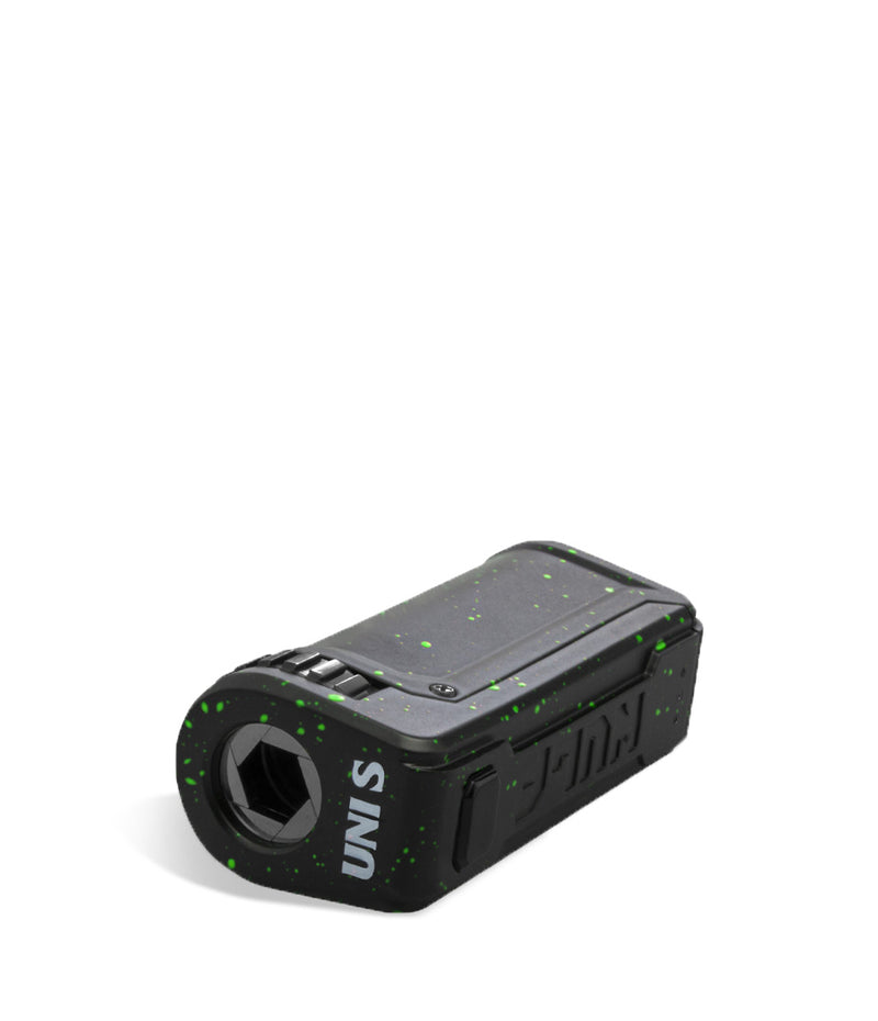 Black Green Spatter Wulf Mods UNI S Adjustable Cartridge Vaporizer Top View on White Background