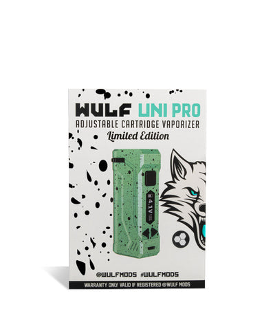 Teal Black Spatter Wulf Mods UNI Pro Adjustable Cartridge Vaporizer Packaging on White Background