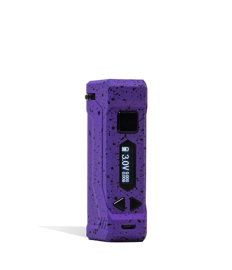 Purple Black Spatter Wulf Mods UNI Pro Adjustable Cartridge Vaporizer Front View on White Background