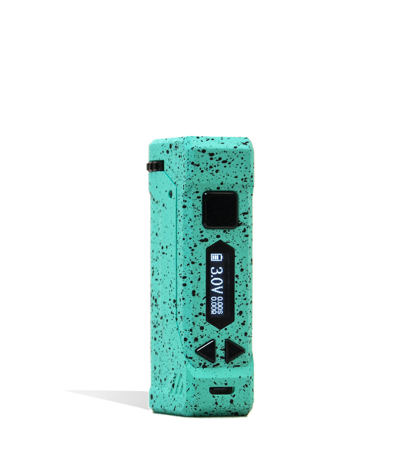 Teal Black Spatter Full Color Wulf Mods UNI Pro Adjustable Cartridge Vaporizer Front View on White Background